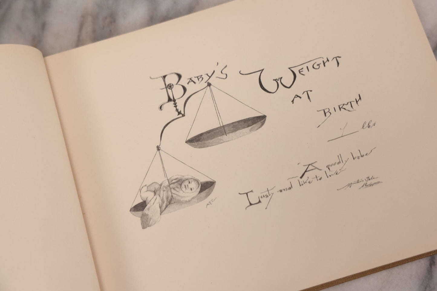 Lot 131 - "Baby's Kingdom" Antique Illustrated Baby Book With Gilt Embossed Clovers And Lettering On Cover, Gilt Foredge, Some Records Of Baby Harold Schenck, Born July 1892, With Calligraphy And Memos From Parents On 10+ Pages