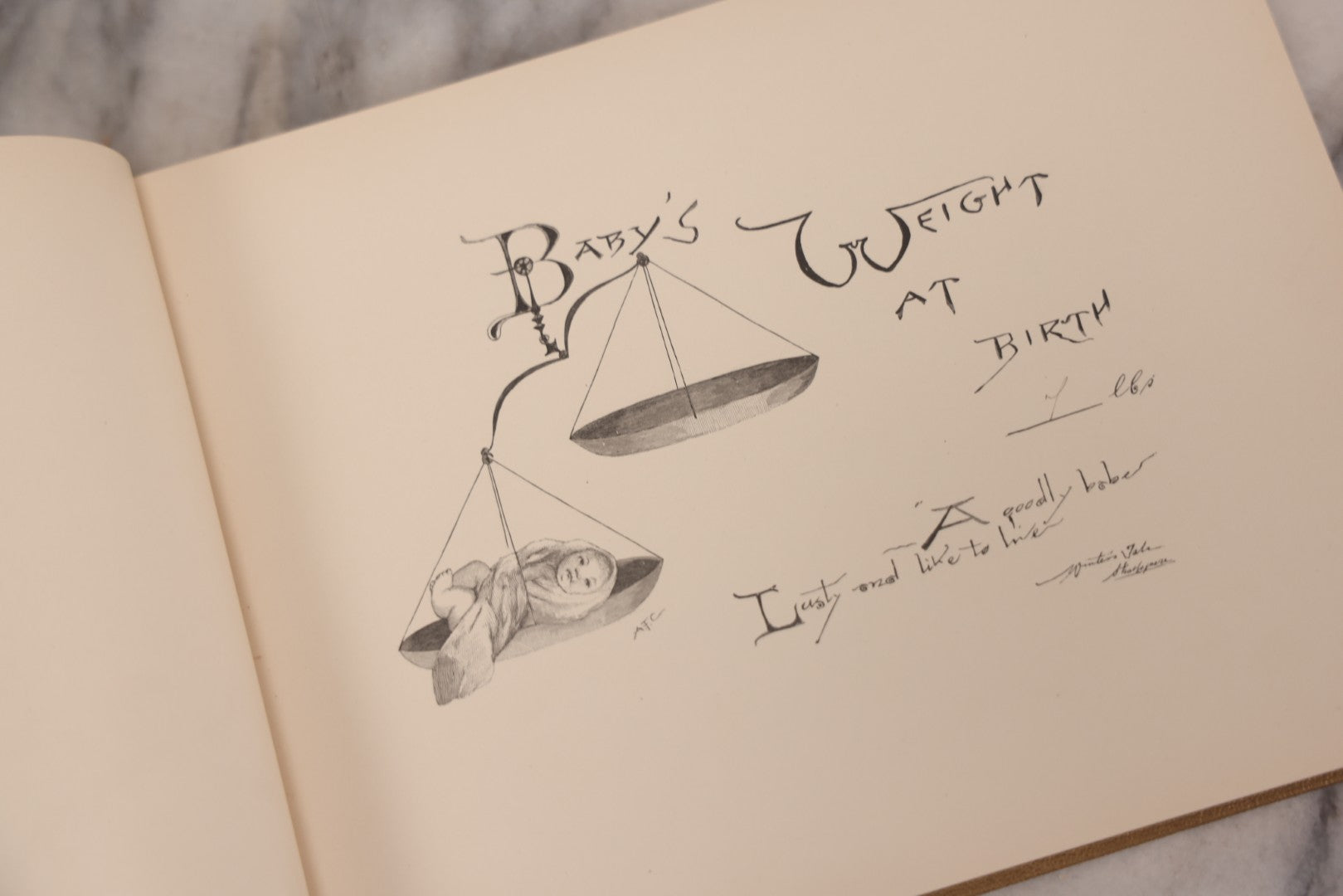 Lot 131 - "Baby's Kingdom" Antique Illustrated Baby Book With Gilt Embossed Clovers And Lettering On Cover, Gilt Foredge, Some Records Of Baby Harold Schenck, Born July 1892, With Calligraphy And Memos From Parents On 10+ Pages