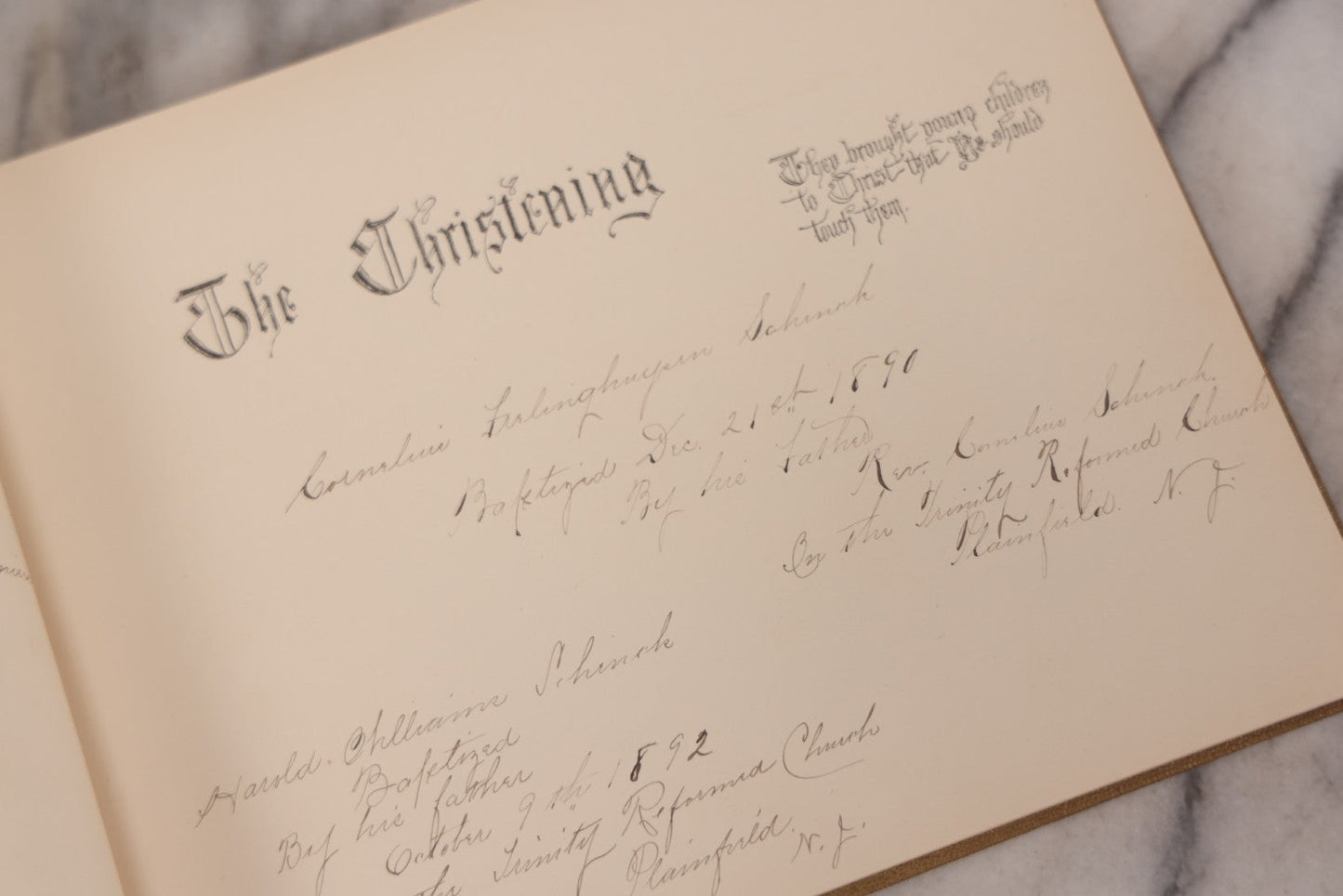 Lot 131 - "Baby's Kingdom" Antique Illustrated Baby Book With Gilt Embossed Clovers And Lettering On Cover, Gilt Foredge, Some Records Of Baby Harold Schenck, Born July 1892, With Calligraphy And Memos From Parents On 10+ Pages