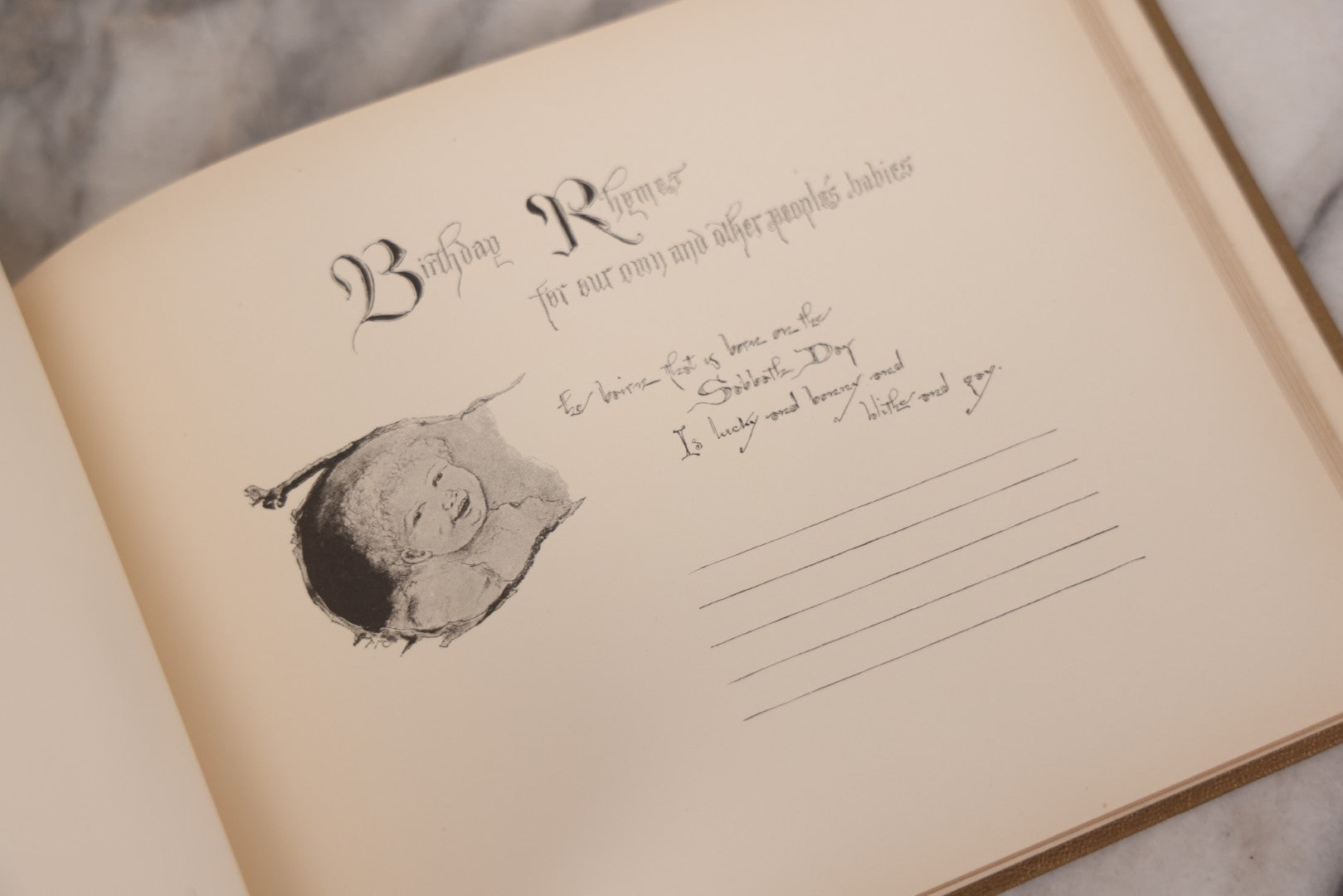 Lot 131 - "Baby's Kingdom" Antique Illustrated Baby Book With Gilt Embossed Clovers And Lettering On Cover, Gilt Foredge, Some Records Of Baby Harold Schenck, Born July 1892, With Calligraphy And Memos From Parents On 10+ Pages