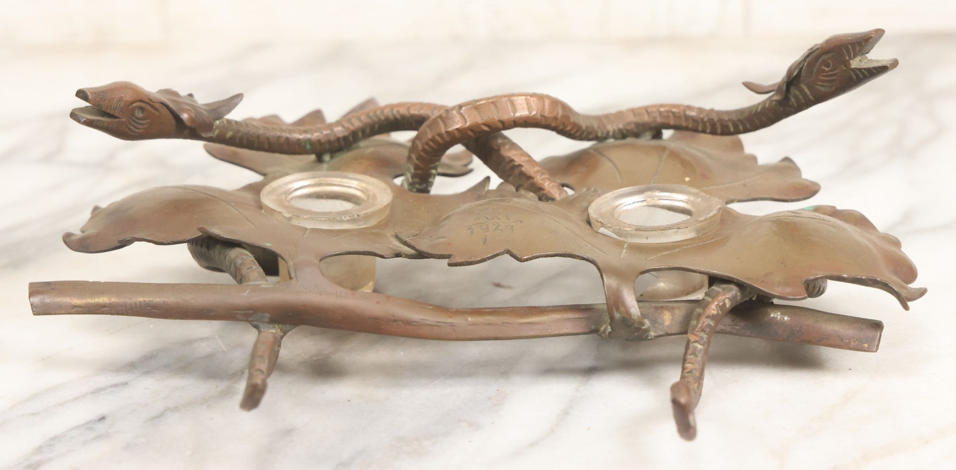 Lot 003 - Vintage Cast Bronze Inkwell And Desk Stand With Serpent And ...