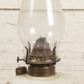 Lot 009 - Antique Kerosene Lamp With Milk Glass Font, Transferred Spiderweb And Flower Decoration With Hand Coloring, Font Marked Clark's Patent, With Glass Chimney And Burner, 14-1/4"H