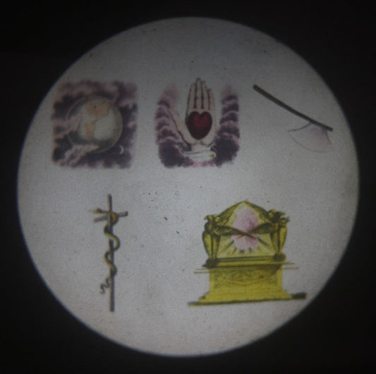 Lot 035 - Antique Hand Colored Odd Fellows I.O.O.F. Magic Lantern Glass Slide With Wood Holder, Second Degree, Depicting The Globe, Heart And Hand, Serpent, And Ark, Manufactured By The Henderson-Ames Co., Kalamazoo, Michigan