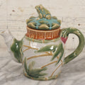 Lot 069 - Vintage Majolica Ceramic Teapot With Figural Frog On Lid, Bamboo Motif, Craquelure Finish, 7-1/4" H