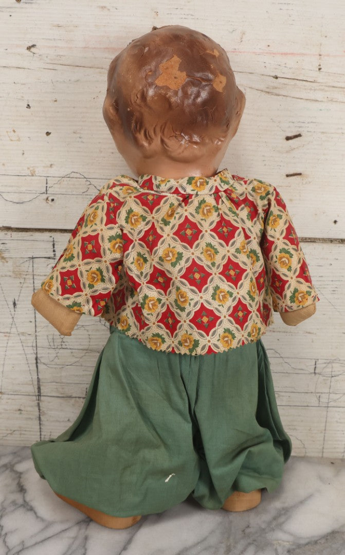 Lot 086 - Vintage Composition Head Googly Eye Baby Doll With Wooden Feet And Cloth Body, Wearing Patterned Shirt And Green Pants, 15-1/2" H