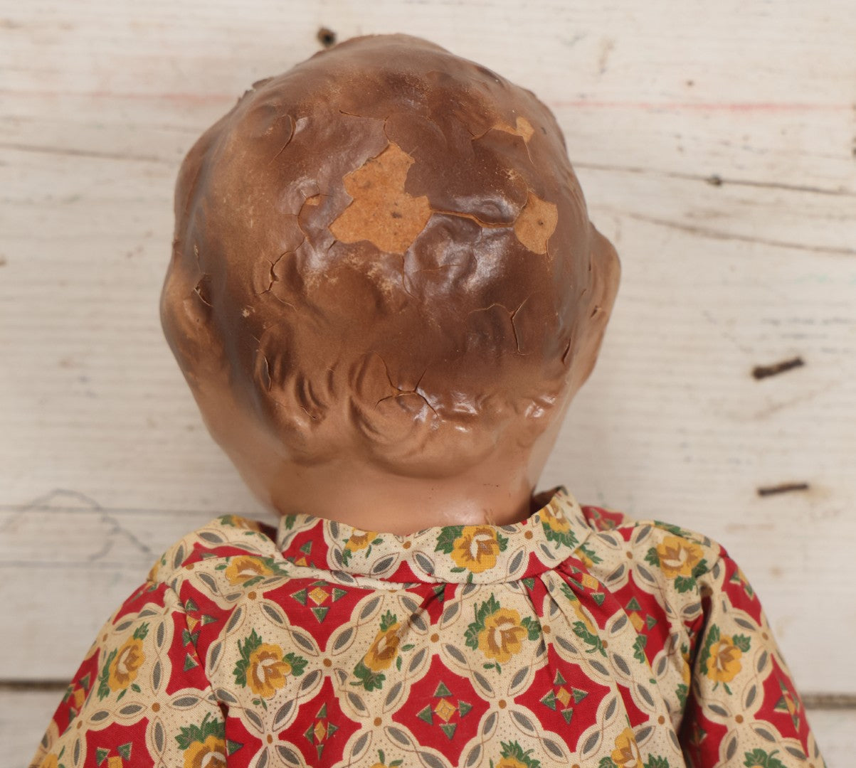 Lot 086 - Vintage Composition Head Googly Eye Baby Doll With Wooden Feet And Cloth Body, Wearing Patterned Shirt And Green Pants, 15-1/2" H
