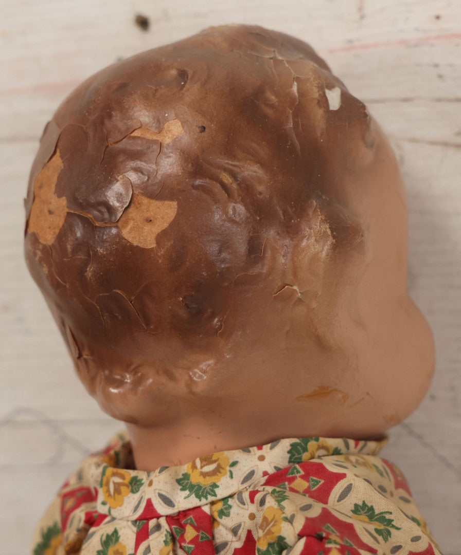 Lot 086 - Vintage Composition Head Googly Eye Baby Doll With Wooden Feet And Cloth Body, Wearing Patterned Shirt And Green Pants, 15-1/2" H