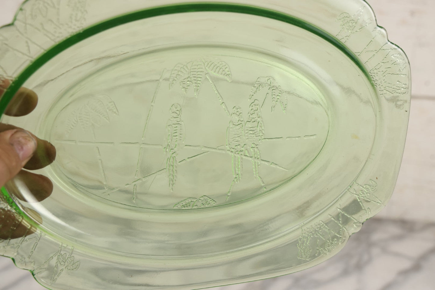 Lot 089 - Vintage Green Uranium Vaseline Glass Oval Dish By Federal Glass, Tropical Parrot And Palm Tree Motifs, Raised Underside Designs, Circa 1931, 11-1/2" x 8-1/4"