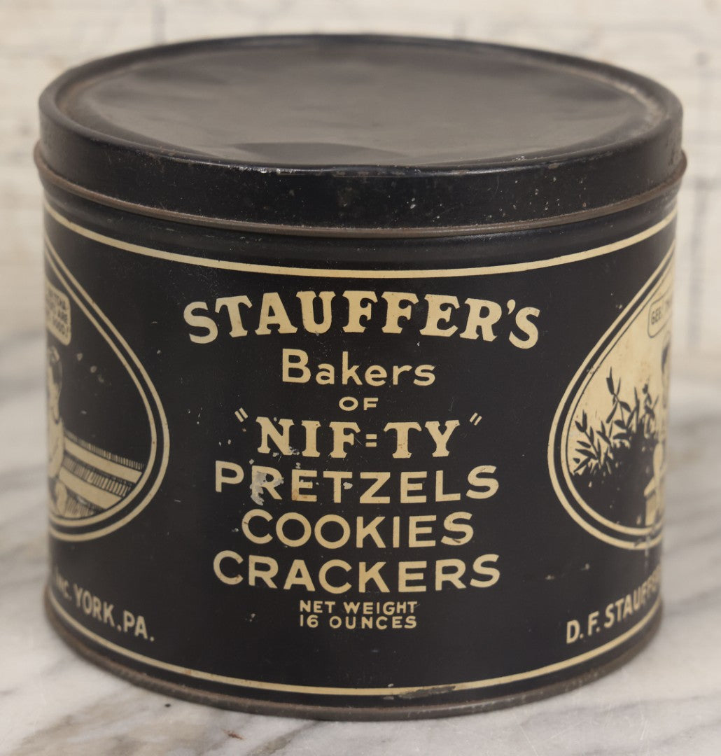 Lot 095 - Vintage D.F. Stauffer Biscuit Co. “Nif-Ty” Pretzels Cookies Crackers Tin, York, Pennsylvania, 5" H