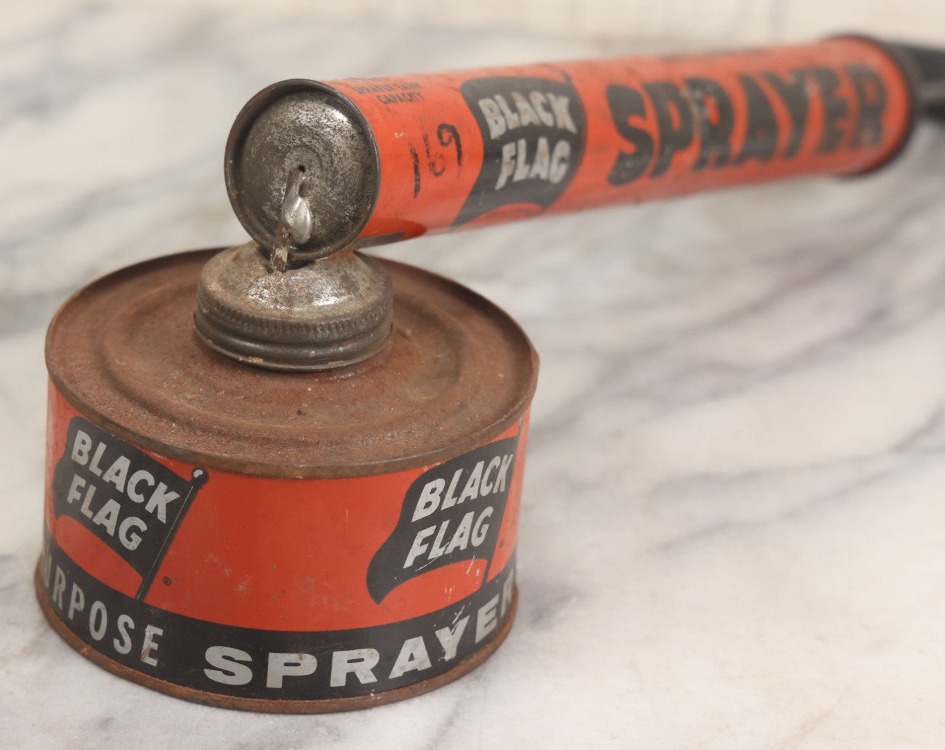 Lot 098 - Vintage Black Flag Metal Font Hand Pump Bug Sprayer