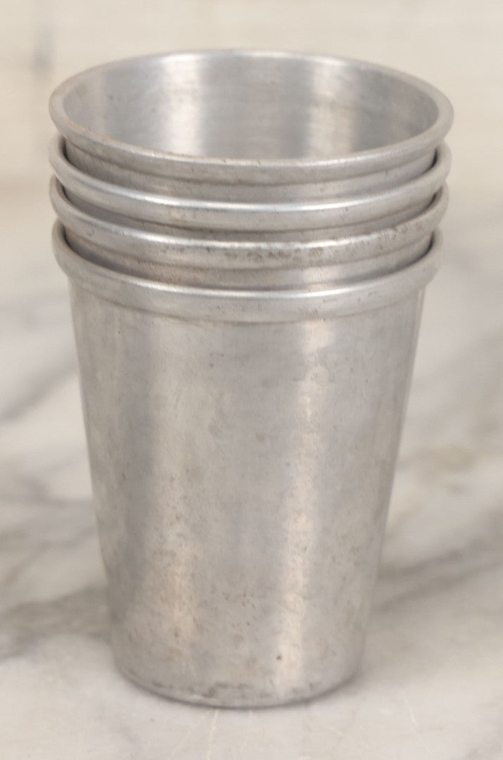 Lot 104 - Vintage Set Of Four Tin Travel Cups With Brown Leather Case