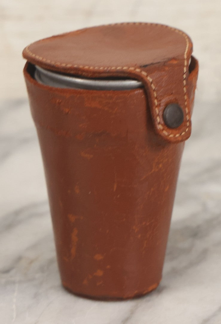 Lot 104 - Vintage Set Of Four Tin Travel Cups With Brown Leather Case