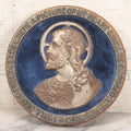 Lot 109 - Vintage Religious Wall Plaque Of Jesus With Sacred Heart, Cobalt Blue Glass Mirror, And Blessing Inscription, 7" Diameter