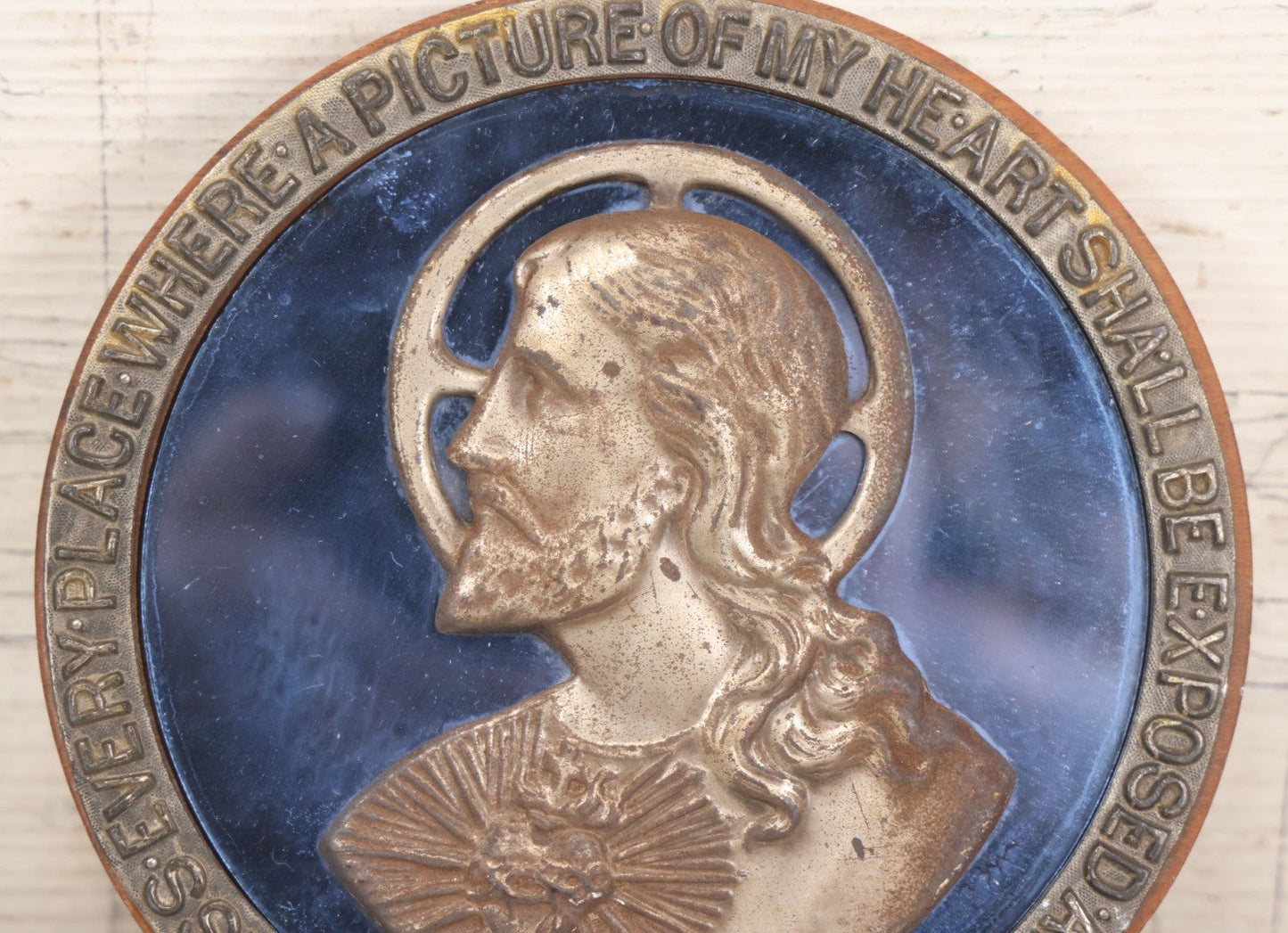 Lot 109 - Vintage Religious Wall Plaque Of Jesus With Sacred Heart, Cobalt Blue Glass Mirror, And Blessing Inscription, 7" Diameter