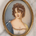 Lot 111 - Vintage Italian Celluloid Portrait Miniature Of Lady In Blue And Yellow With Pearl Headband, Signed, 2-3/4" x 3-1/2"