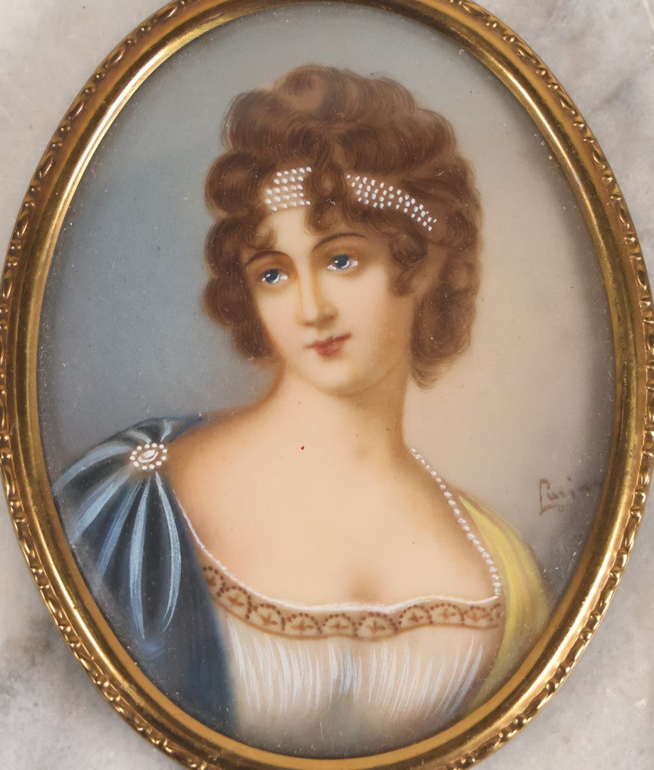 Lot 111 - Vintage Italian Celluloid Portrait Miniature Of Lady In Blue And Yellow With Pearl Headband, Signed, 2-3/4" x 3-1/2"