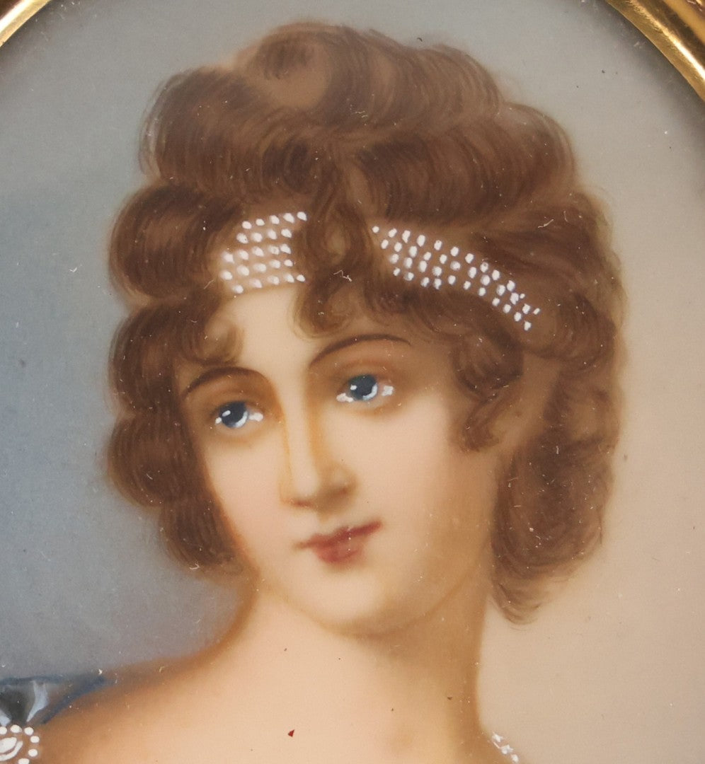 Lot 111 - Vintage Italian Celluloid Portrait Miniature Of Lady In Blue And Yellow With Pearl Headband, Signed, 2-3/4" x 3-1/2"