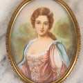 Lot 112 - Vintage Italian Celluloid Portrait Miniature Of Lady In Red And Blue Gown With Pearl Accents, Signed, 2-3/4" x 3-1/2"