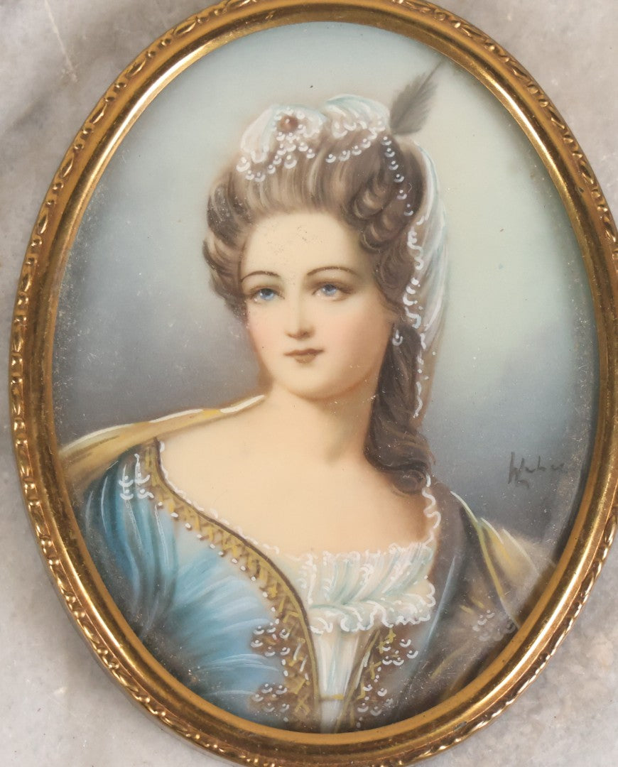 Lot 113 - Vintage Italian Celluloid Portrait Miniature Of Lady In Blue Gown With Feathered Headdress, Signed, 2-3/4" x 3-1/2"