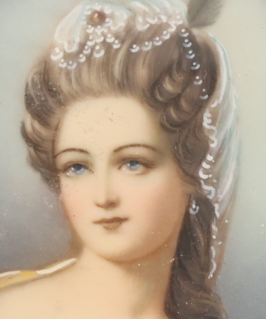 Lot 113 - Vintage Italian Celluloid Portrait Miniature Of Lady In Blue Gown With Feathered Headdress, Signed, 2-3/4" x 3-1/2"