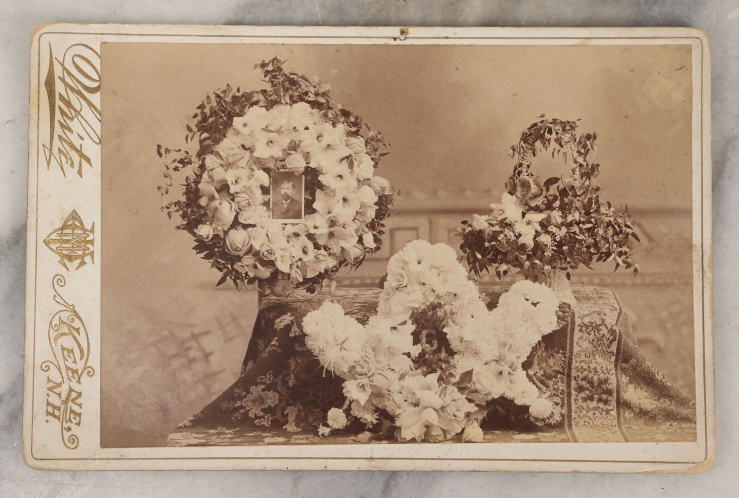 Lot 134 - Pair Of Antique Photographs Of Funeral Flower Arrangements, Including Freemason Tribute, By E.M. White, Keene, New Hampshire