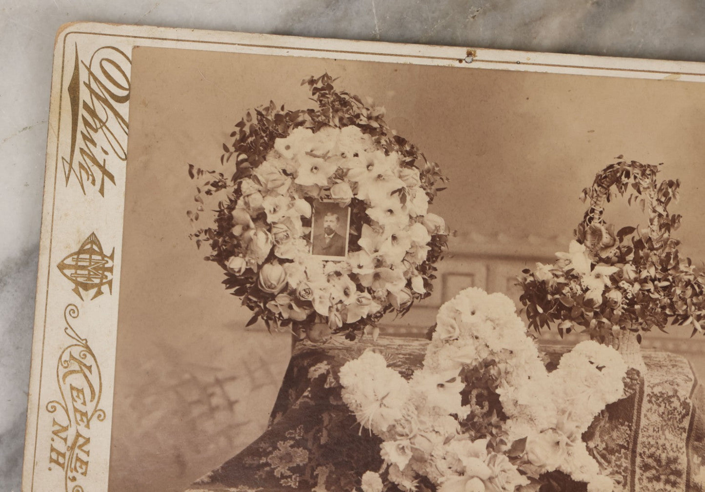 Lot 134 - Pair Of Antique Photographs Of Funeral Flower Arrangements, Including Freemason Tribute, By E.M. White, Keene, New Hampshire