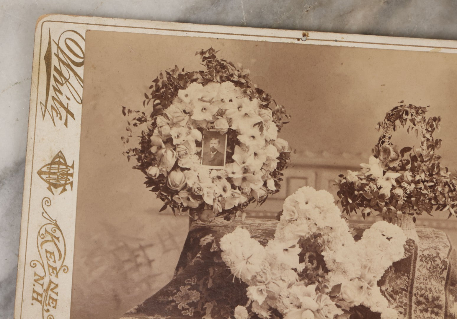 Lot 134 - Pair Of Antique Photographs Of Funeral Flower Arrangements, Including Freemason Tribute, By E.M. White, Keene, New Hampshire