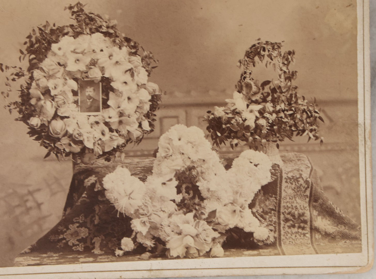 Lot 134 - Pair Of Antique Photographs Of Funeral Flower Arrangements, Including Freemason Tribute, By E.M. White, Keene, New Hampshire
