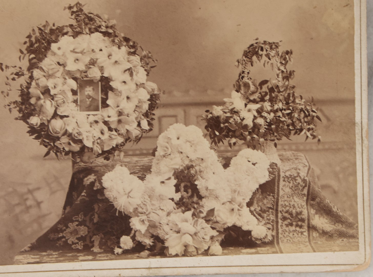 Lot 134 - Pair Of Antique Photographs Of Funeral Flower Arrangements, Including Freemason Tribute, By E.M. White, Keene, New Hampshire