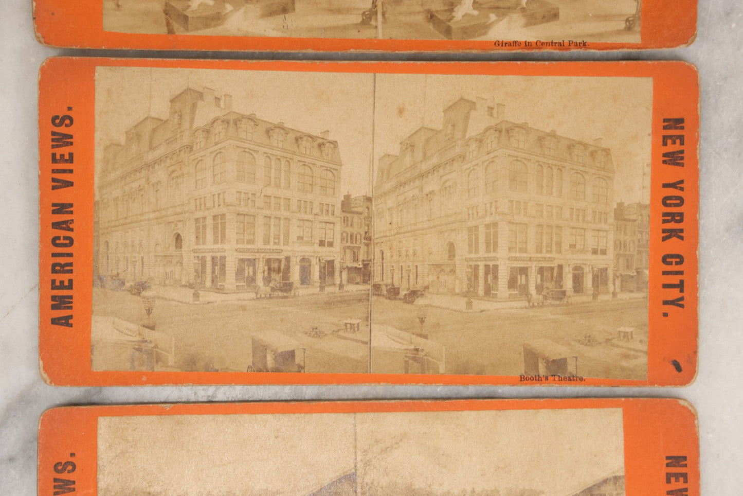 Lot 138 - Grouping Of Three Antique New York City Stereoview 3D Photograph Cards Including Booth's Theatre, Giraffe In Central Park, And Elephants In Central Park
