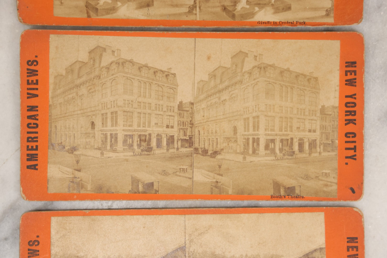 Lot 138 - Grouping Of Three Antique New York City Stereoview 3D Photograph Cards Including Booth's Theatre, Giraffe In Central Park, And Elephants In Central Park