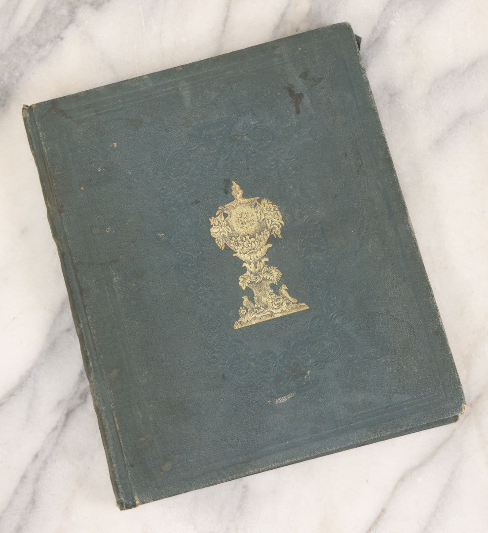 Lot 140 - Antique Handwritten Record Book For School District No. 13, Richmond, New Hampshire, 1854–1879, Blue / Green Cloth Cover With Gilded Urn Design