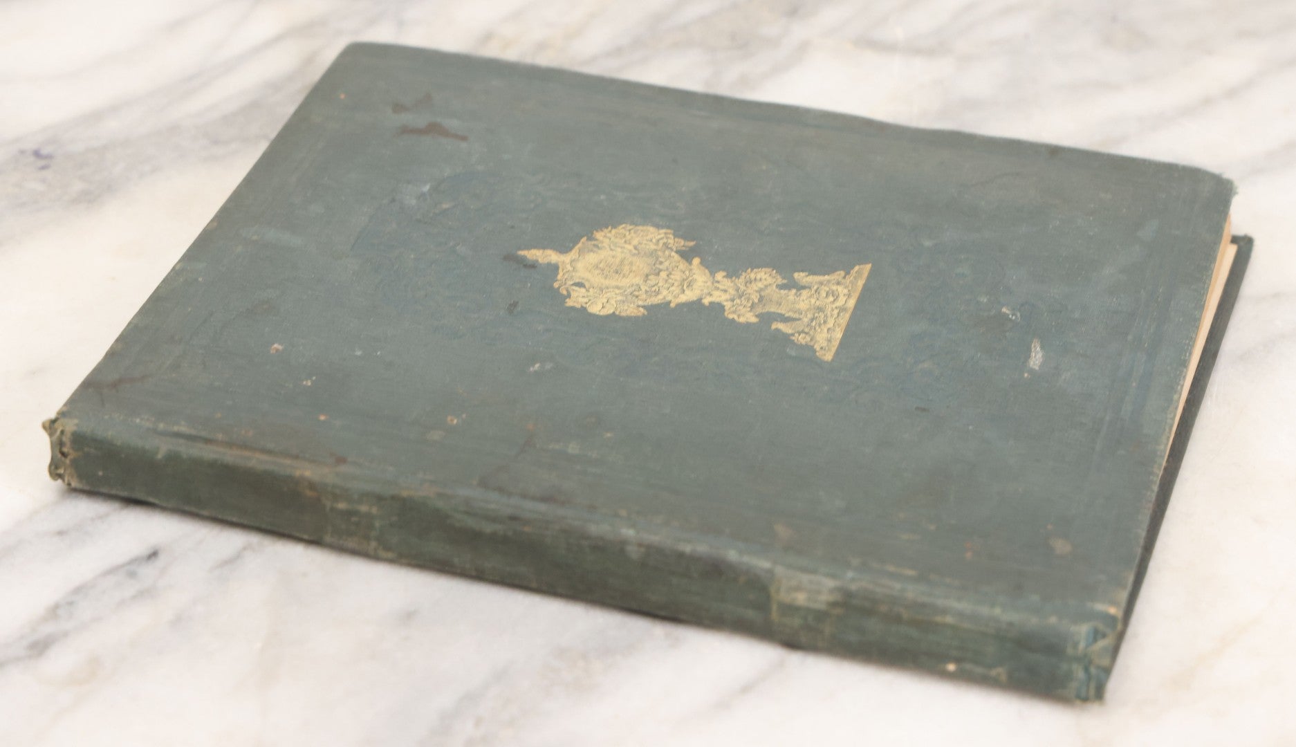 Lot 140 - Antique Handwritten Record Book For School District No. 13, Richmond, New Hampshire, 1854–1879, Blue / Green Cloth Cover With Gilded Urn Design