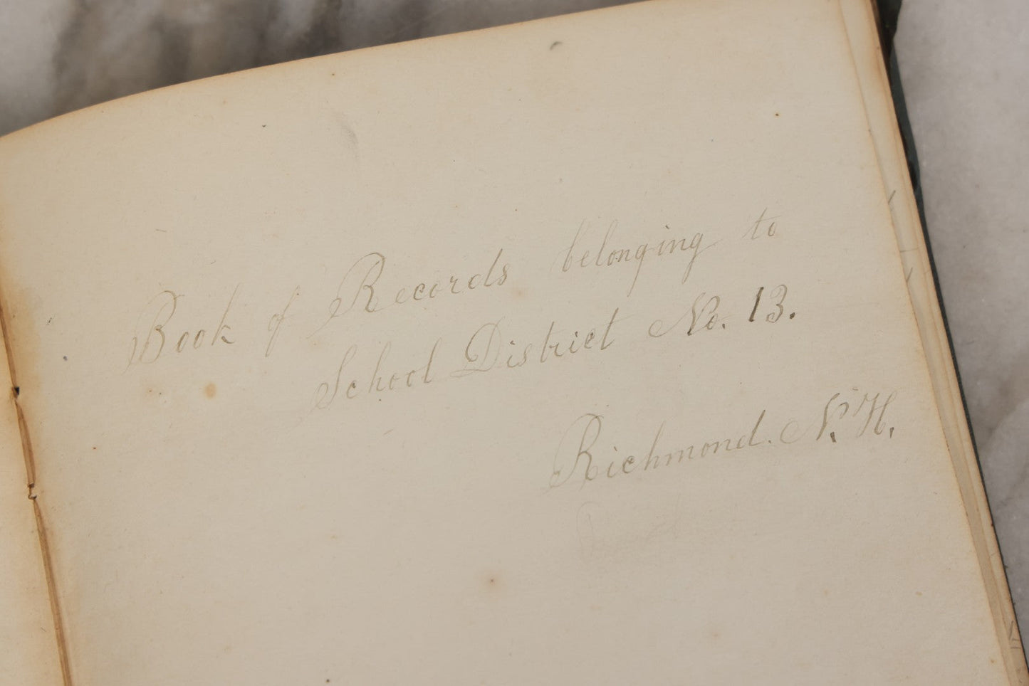 Lot 140 - Antique Handwritten Record Book For School District No. 13, Richmond, New Hampshire, 1854–1879, Blue / Green Cloth Cover With Gilded Urn Design