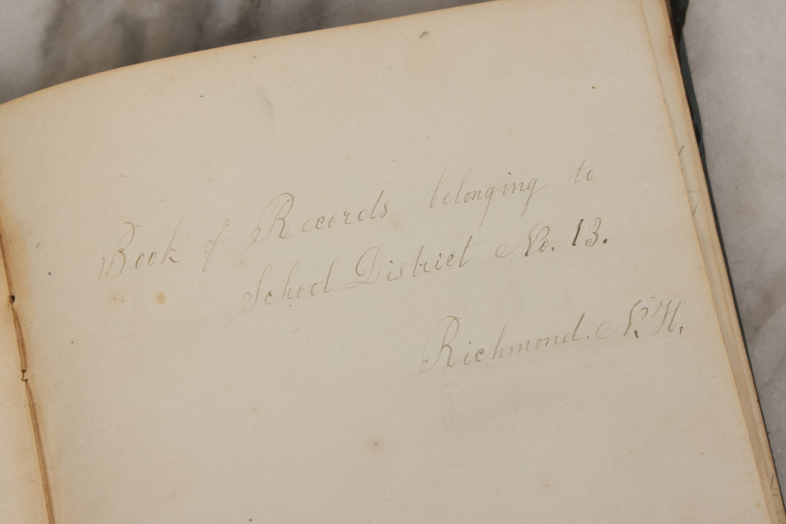 Lot 140 - Antique Handwritten Record Book For School District No. 13, Richmond, New Hampshire, 1854–1879, Blue / Green Cloth Cover With Gilded Urn Design