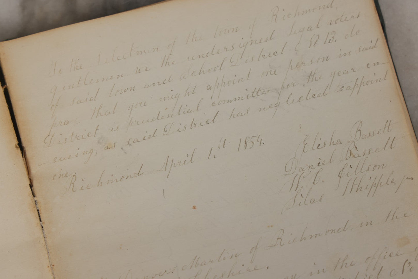 Lot 140 - Antique Handwritten Record Book For School District No. 13, Richmond, New Hampshire, 1854–1879, Blue / Green Cloth Cover With Gilded Urn Design
