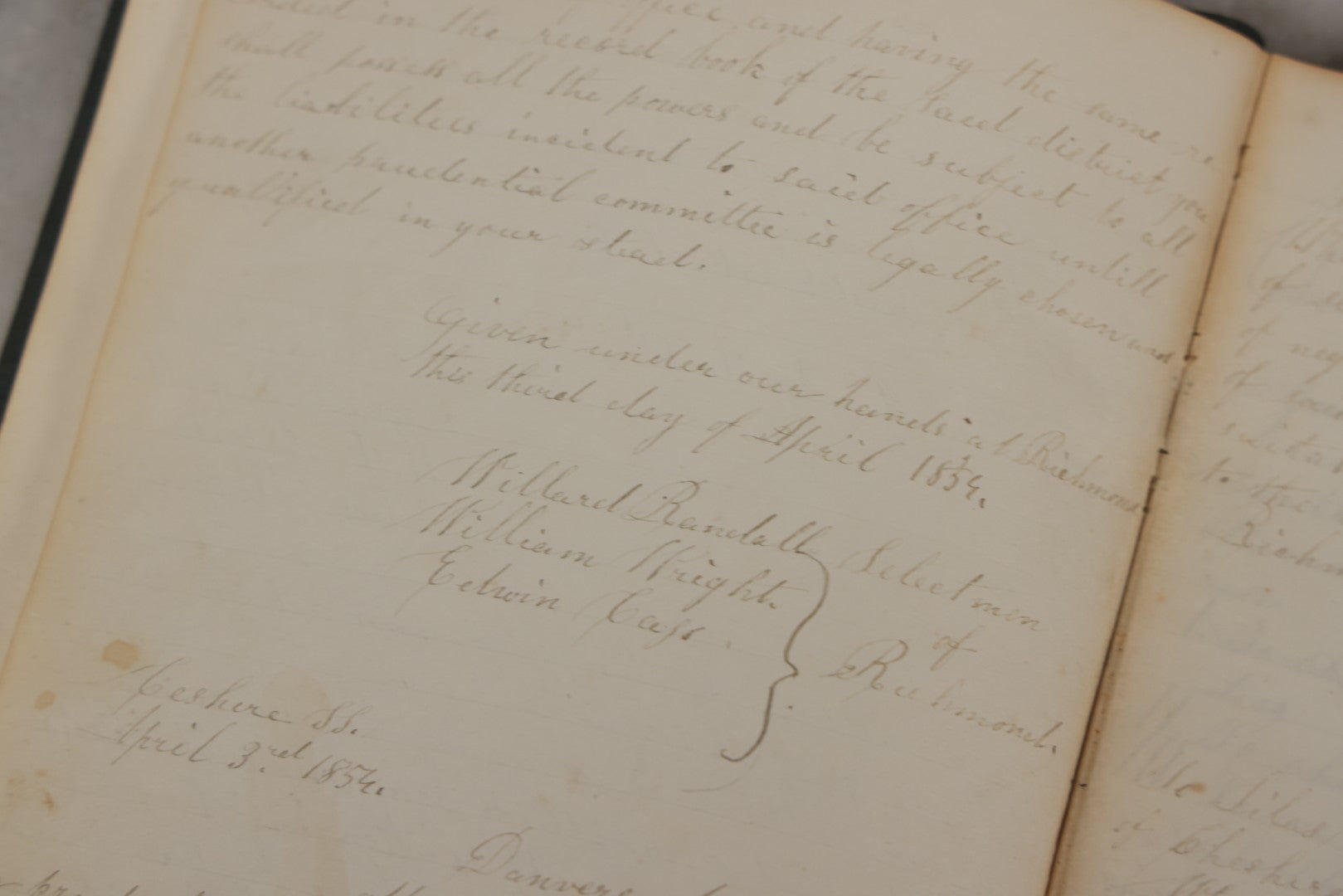 Lot 140 - Antique Handwritten Record Book For School District No. 13, Richmond, New Hampshire, 1854–1879, Blue / Green Cloth Cover With Gilded Urn Design