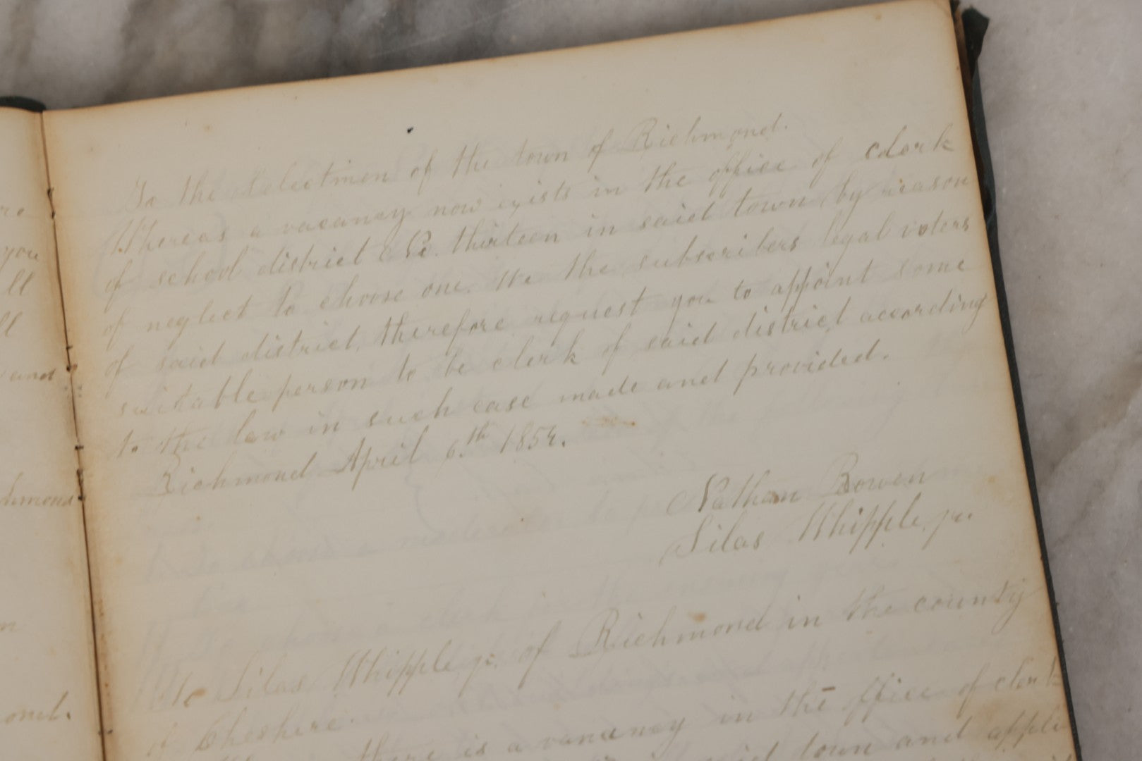 Lot 140 - Antique Handwritten Record Book For School District No. 13, Richmond, New Hampshire, 1854–1879, Blue / Green Cloth Cover With Gilded Urn Design