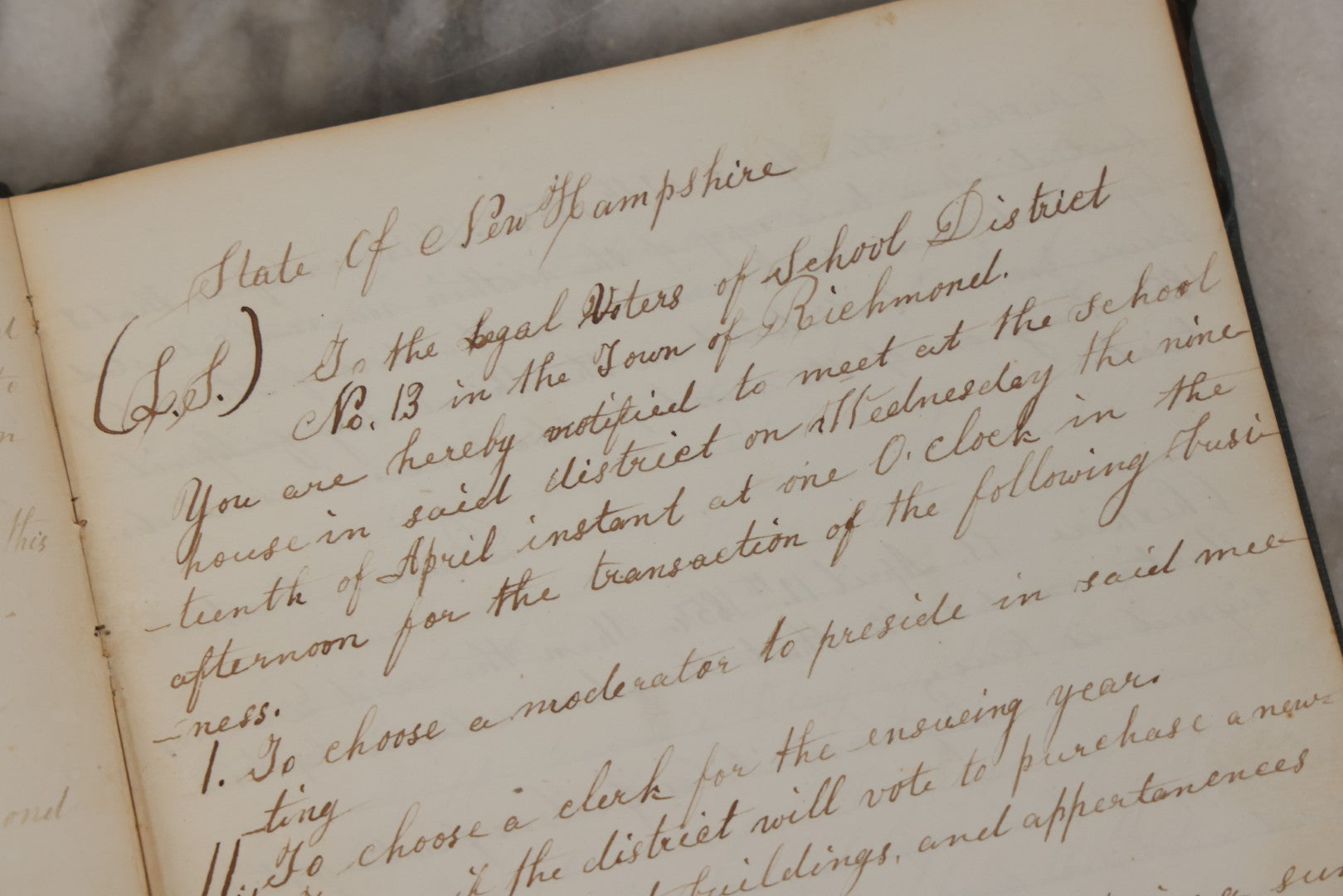 Lot 140 - Antique Handwritten Record Book For School District No. 13, Richmond, New Hampshire, 1854–1879, Blue / Green Cloth Cover With Gilded Urn Design