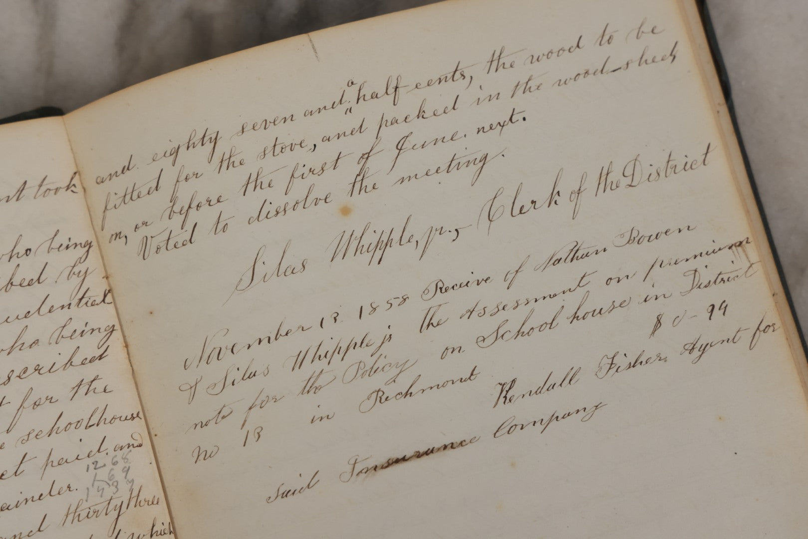 Lot 140 - Antique Handwritten Record Book For School District No. 13, Richmond, New Hampshire, 1854–1879, Blue / Green Cloth Cover With Gilded Urn Design