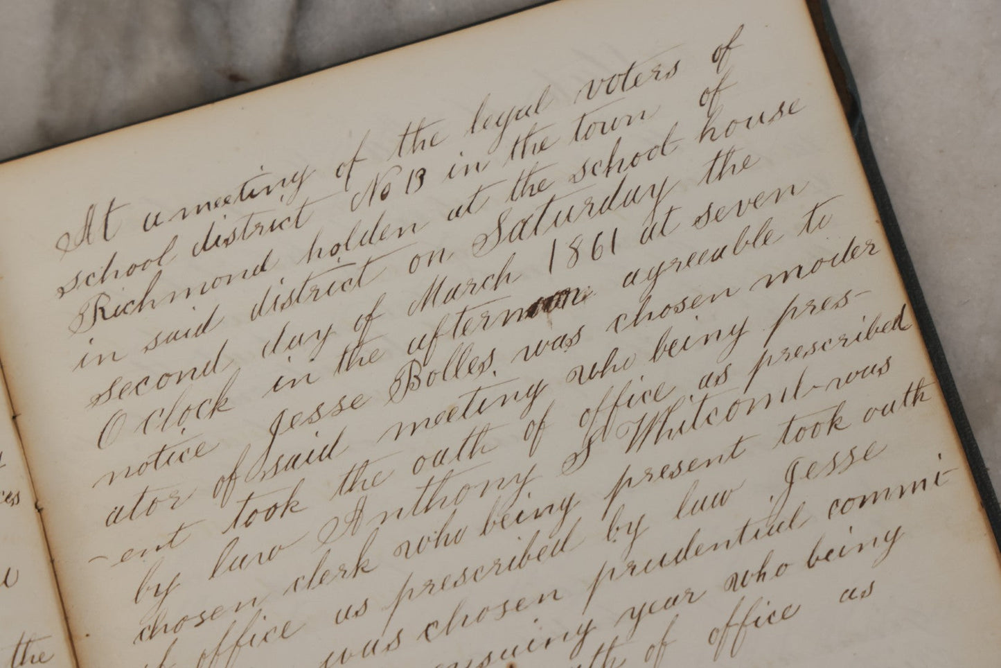Lot 140 - Antique Handwritten Record Book For School District No. 13, Richmond, New Hampshire, 1854–1879, Blue / Green Cloth Cover With Gilded Urn Design