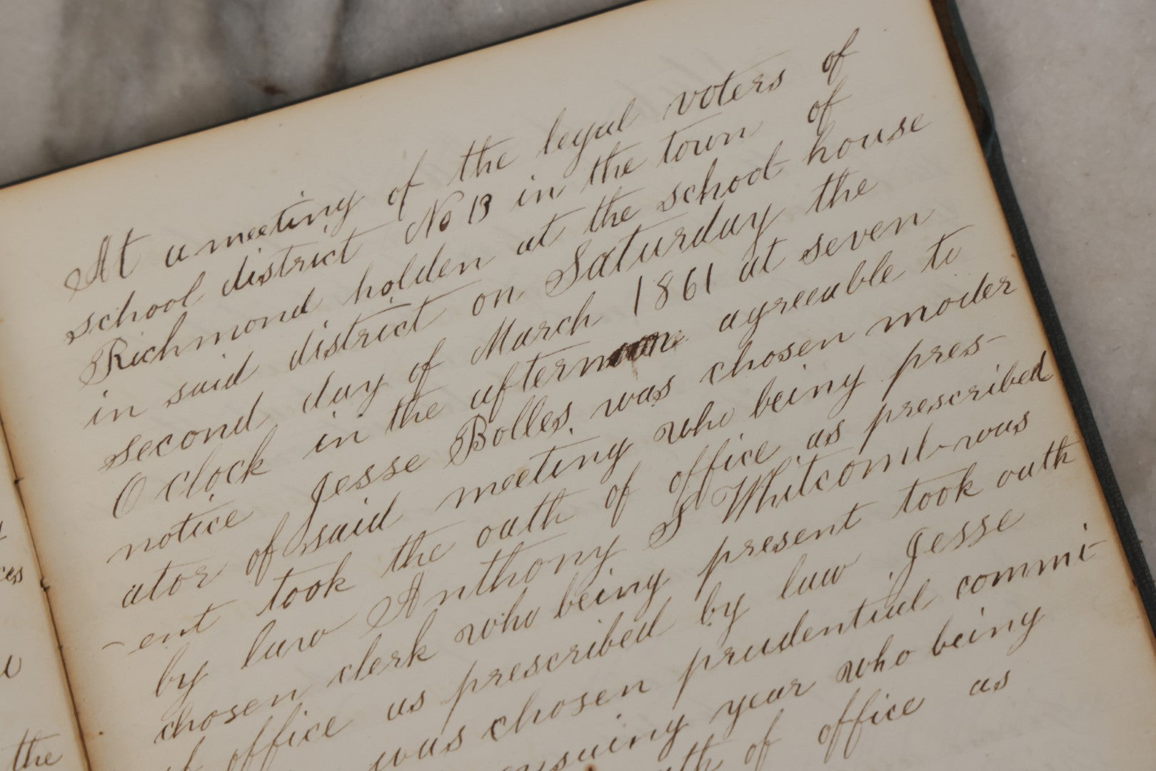 Lot 140 - Antique Handwritten Record Book For School District No. 13, Richmond, New Hampshire, 1854–1879, Blue / Green Cloth Cover With Gilded Urn Design