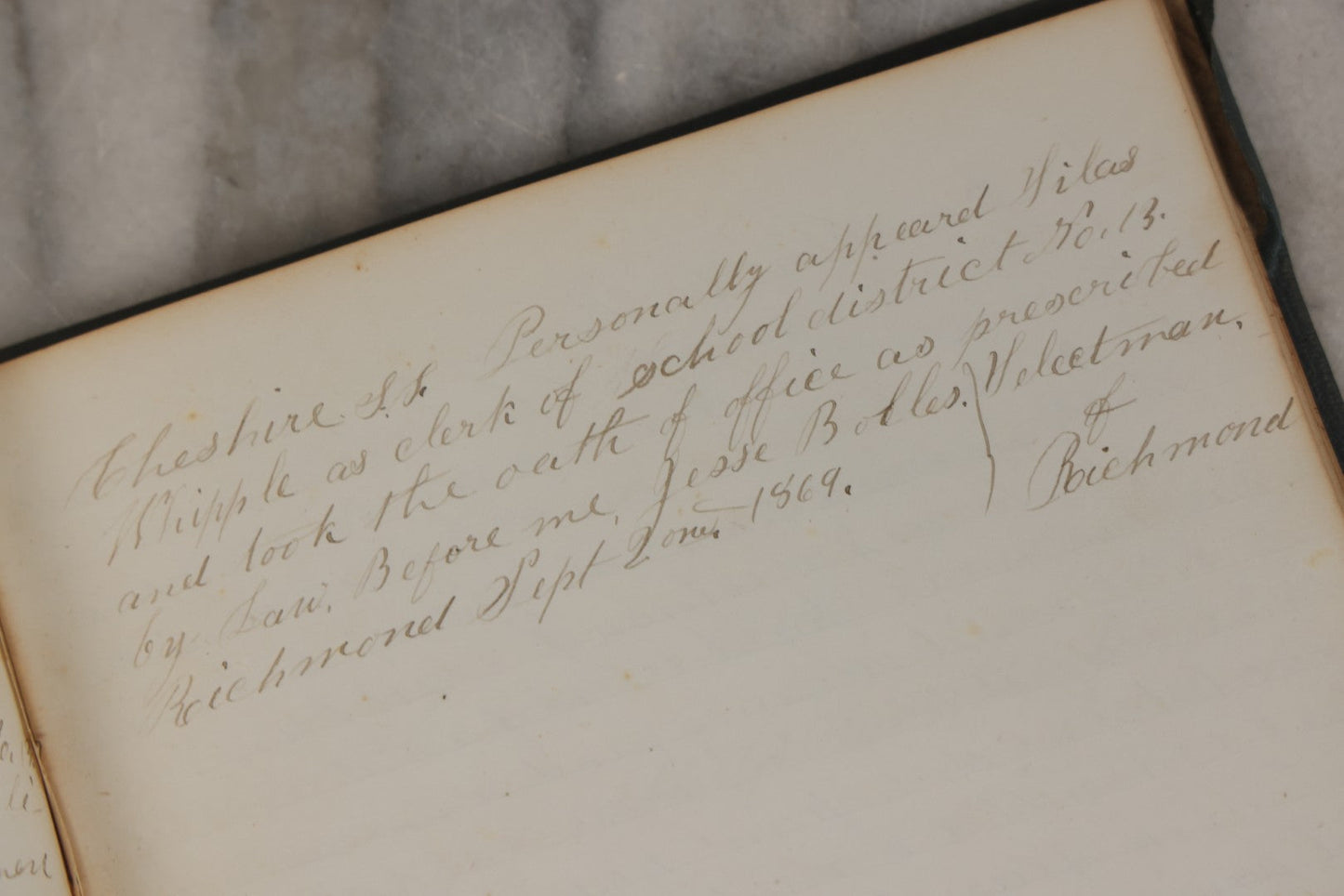 Lot 140 - Antique Handwritten Record Book For School District No. 13, Richmond, New Hampshire, 1854–1879, Blue / Green Cloth Cover With Gilded Urn Design