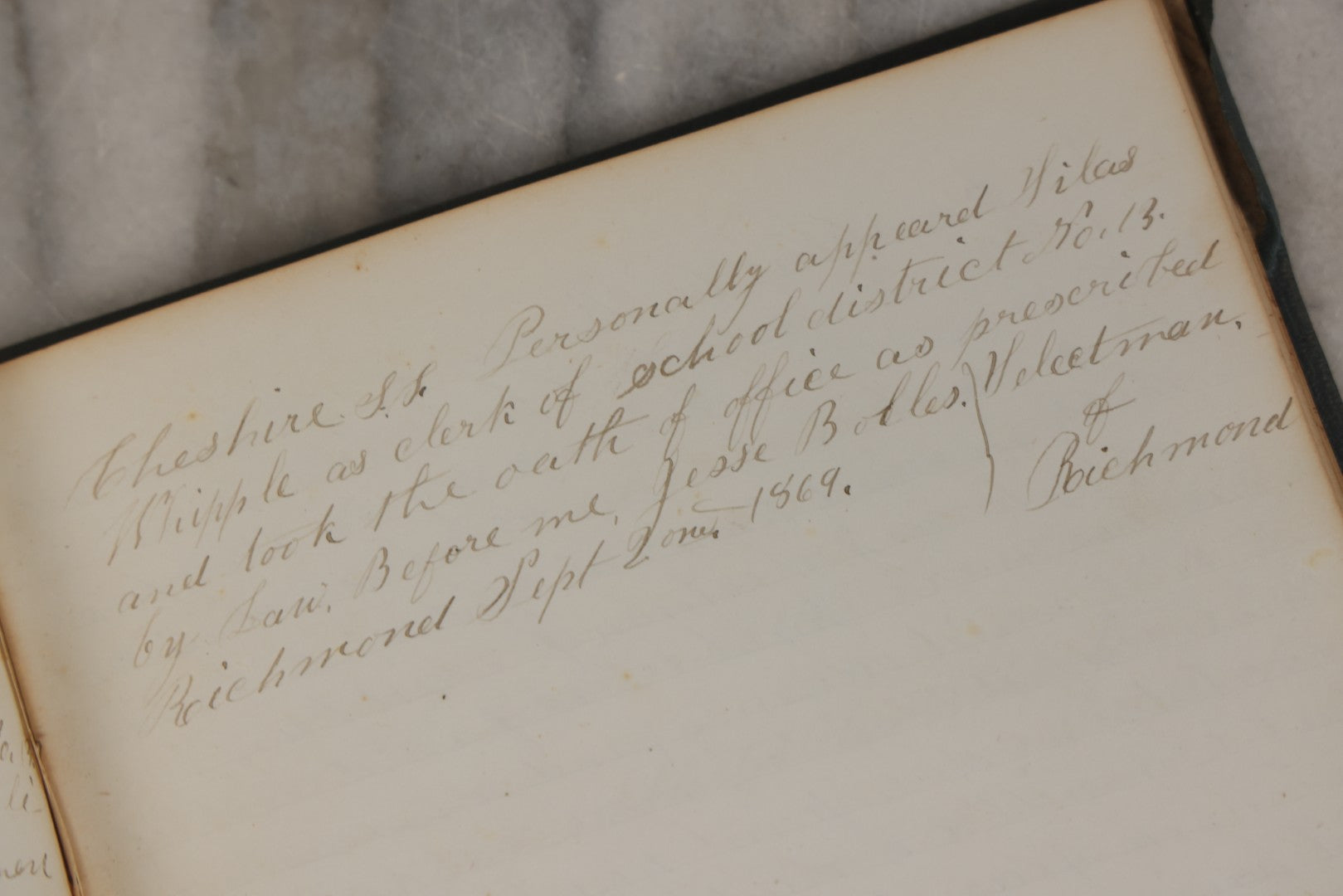 Lot 140 - Antique Handwritten Record Book For School District No. 13, Richmond, New Hampshire, 1854–1879, Blue / Green Cloth Cover With Gilded Urn Design