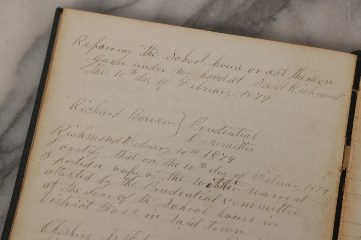 Lot 140 - Antique Handwritten Record Book For School District No. 13, Richmond, New Hampshire, 1854–1879, Blue / Green Cloth Cover With Gilded Urn Design