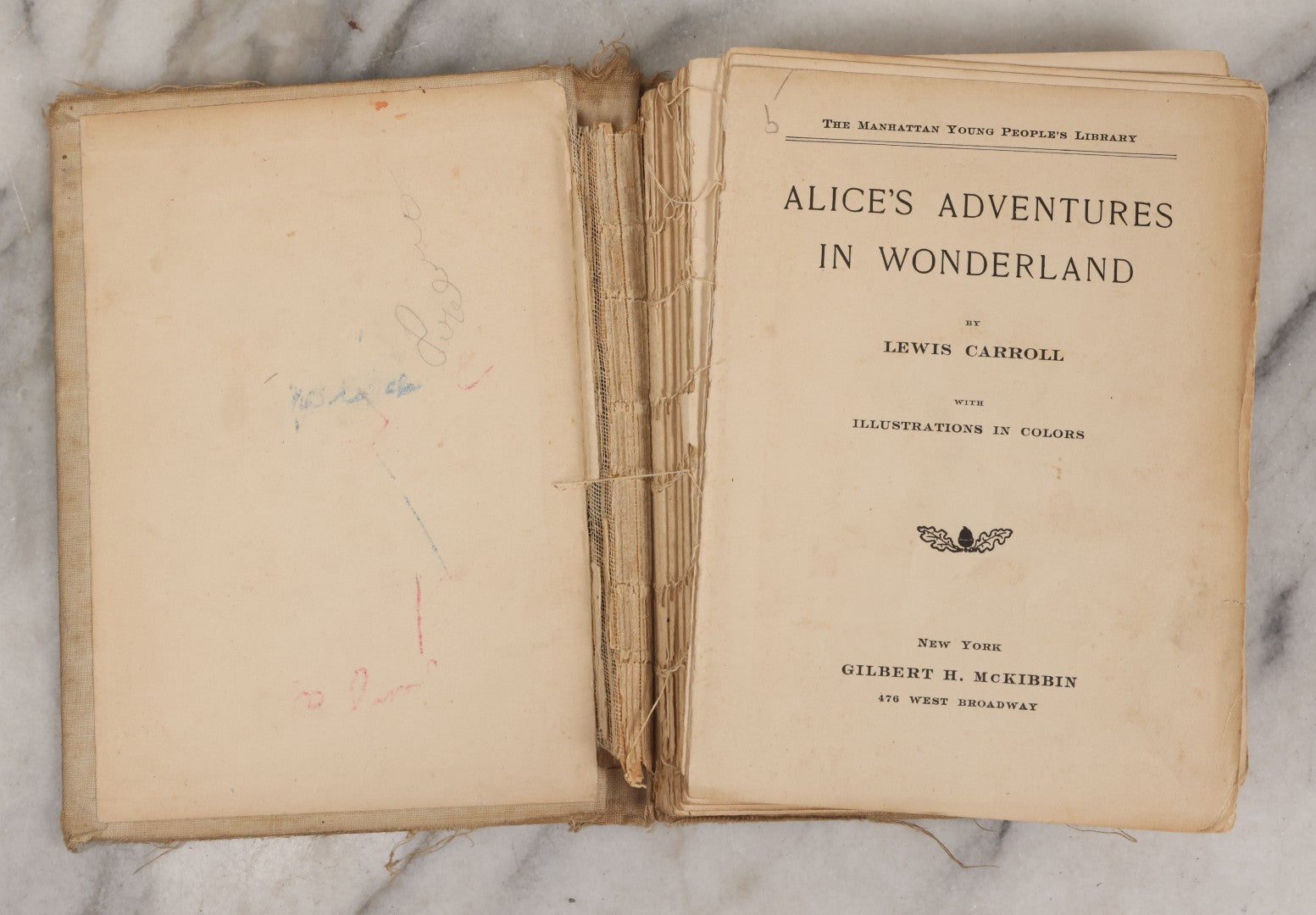 Lot 150 - "Alice's Adventures In Wonderland" Antique Children's Book By Lewis Carroll, Illustrated In Colors, Published By Gilbert H. McKibbin, New York, The Manhattan Young People's Library, Note Poor Condition