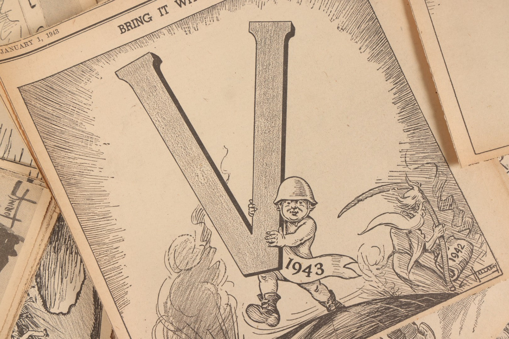 Lot 164 - Grouping Of 200+ Vintage World War Two Newspaper Comic Strips, Providence, Rhode Island, 1942–1944, Featuring Axis Powers, Hitler, Domestic Politics, And Wartime Culture, By Henderson, Halladay, And Others