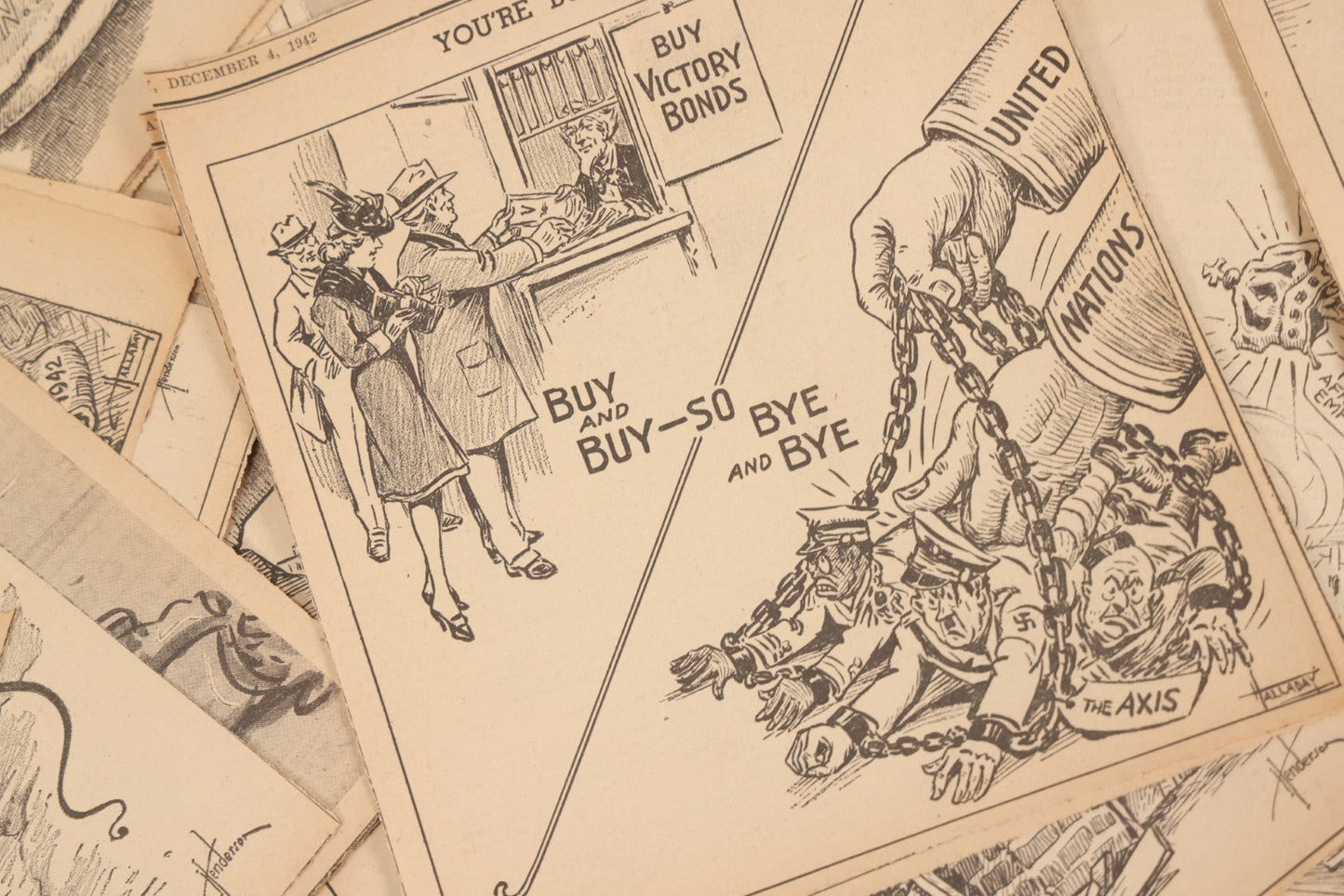 Lot 164 - Grouping Of 200+ Vintage World War Two Newspaper Comic Strips, Providence, Rhode Island, 1942–1944, Featuring Axis Powers, Hitler, Domestic Politics, And Wartime Culture, By Henderson, Halladay, And Others