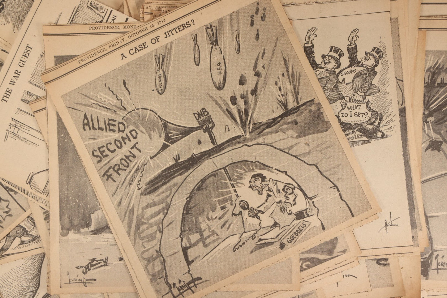 Lot 164 - Grouping Of 200+ Vintage World War Two Newspaper Comic Strips, Providence, Rhode Island, 1942–1944, Featuring Axis Powers, Hitler, Domestic Politics, And Wartime Culture, By Henderson, Halladay, And Others