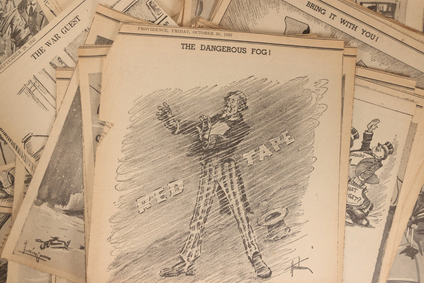Lot 164 - Grouping Of 200+ Vintage World War Two Newspaper Comic Strips, Providence, Rhode Island, 1942–1944, Featuring Axis Powers, Hitler, Domestic Politics, And Wartime Culture, By Henderson, Halladay, And Others